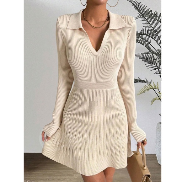 Beige Rib Knit Ruffle Hem V-Neck Mini Dress Collared Long Sleeve Stretchy - Picture 3 of 8